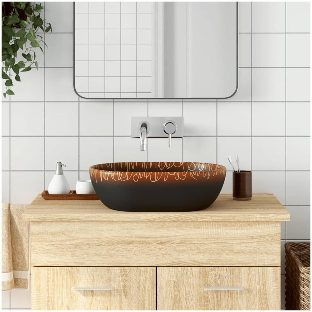 Lavabo Da Appoggio Nero E Arancione Ovale 47x33x13 Cm Ceramica - Foto 1