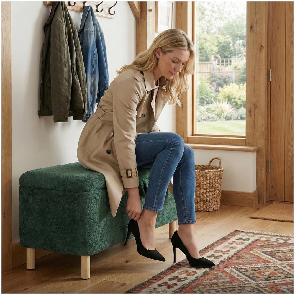 Poggiapiedi In Stoffa Rotondo Con Coperchio A Vassoio Reversibile, Poggiapiedi Multifunzionale Con Spazio Di Archiviazione Nascosto, Stabile Ed Elegante, Colore Verde - Foto 8