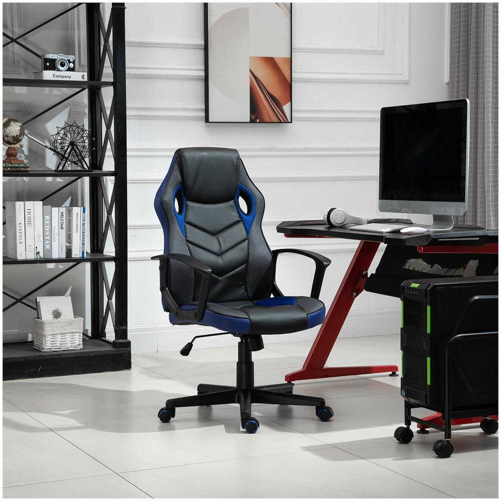 Sedia Da Gaming Poltrona Da Ufficio Girevole Con Ruote In Similpelle Nera Blu - Foto 8