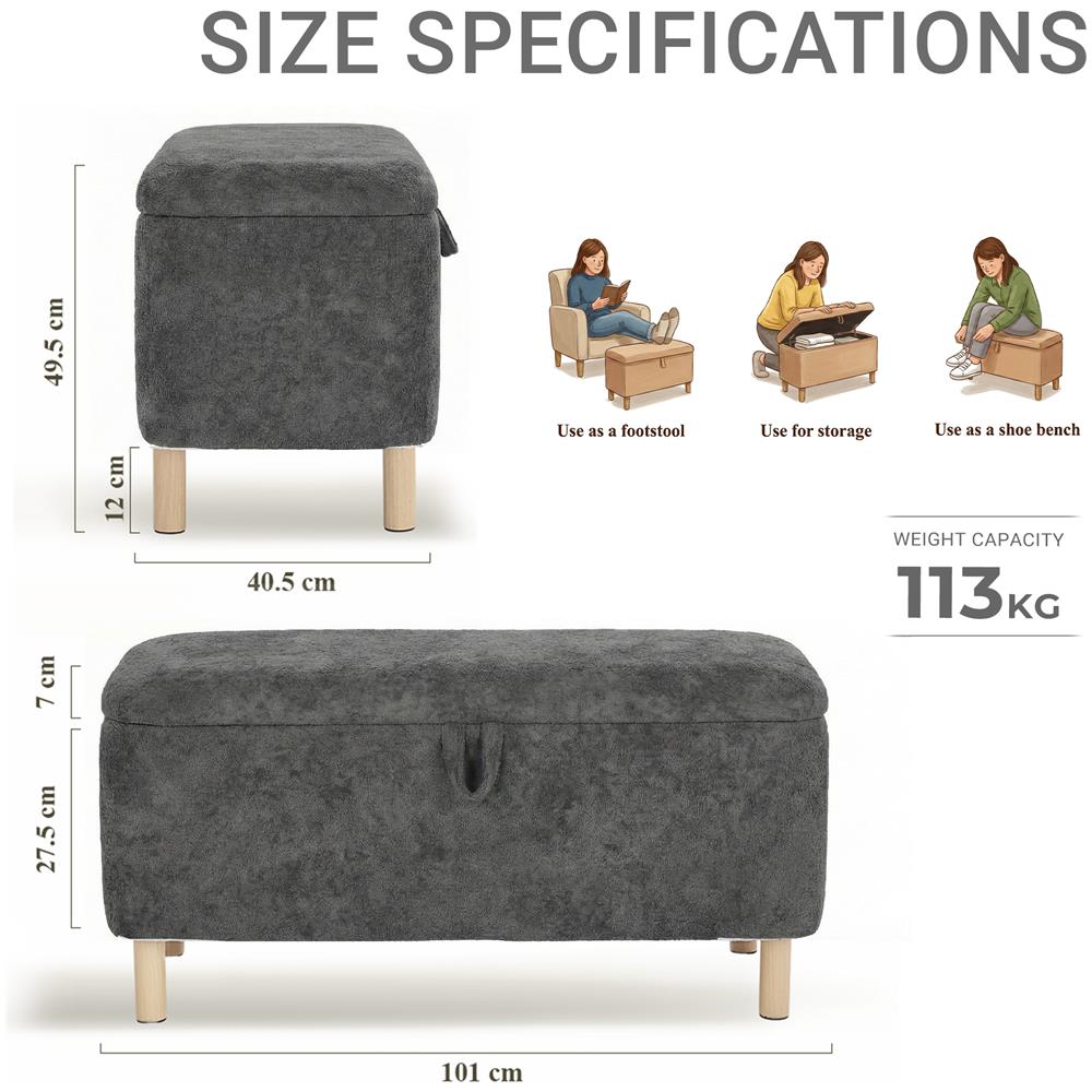 Poggiapiedi In Stoffa Rotondo Con Coperchio A Vassoio Reversibile, Poggiapiedi Multifunzionale Con Spazio Di Archiviazione Nascosto, Stabile Ed Elegante, Colore Grigio - Foto 2