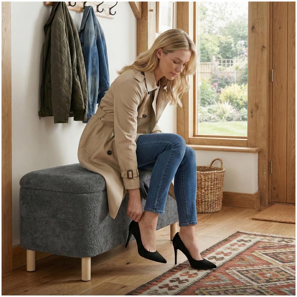 Poggiapiedi In Stoffa Rotondo Con Coperchio A Vassoio Reversibile, Poggiapiedi Multifunzionale Con Spazio Di Archiviazione Nascosto, Stabile Ed Elegante, Colore Grigio - Foto 8