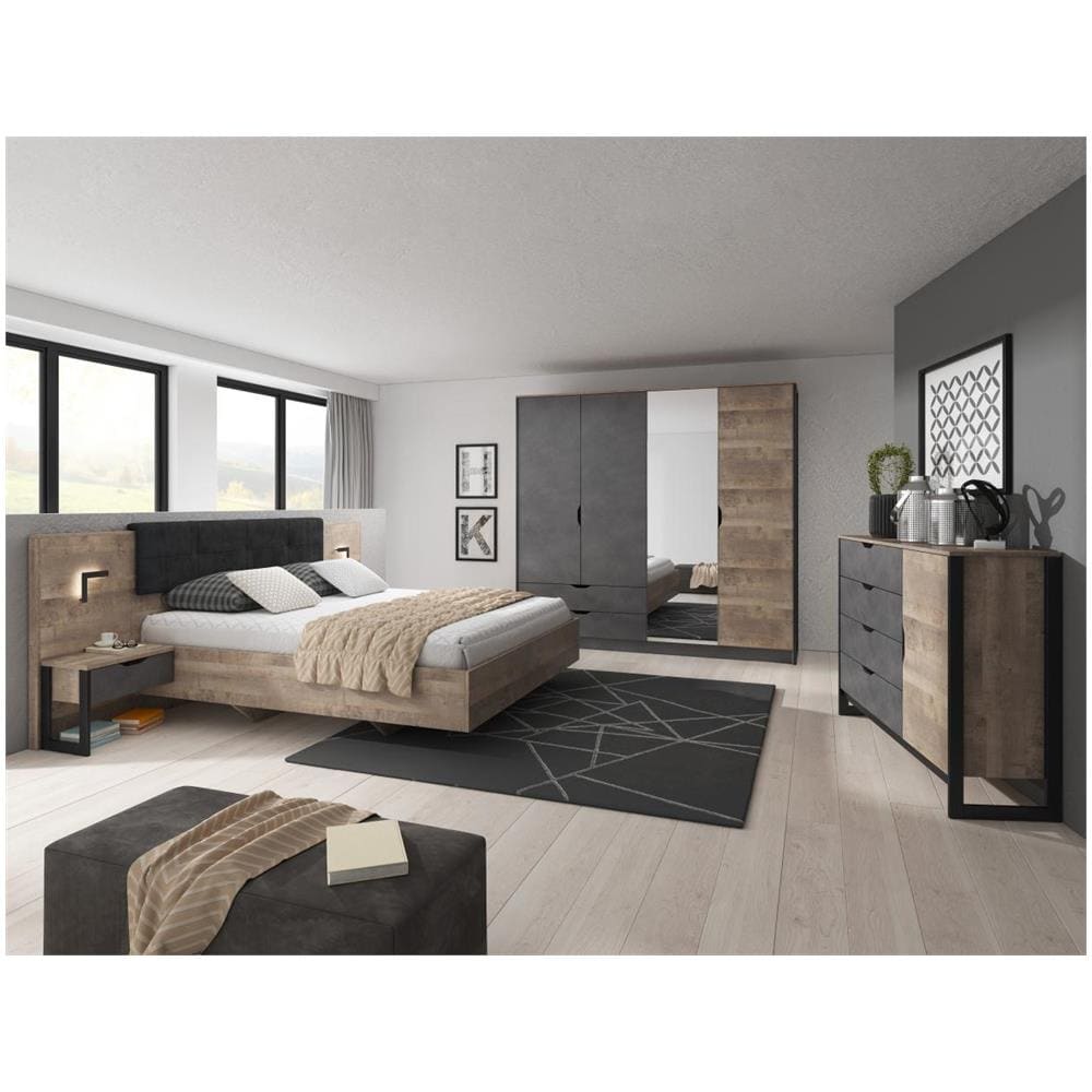 Letto Matrimoniale Con Comodini KUAKE - 160x200 Cm, Rovere E Grigio, Rete A Doghe, Moderno