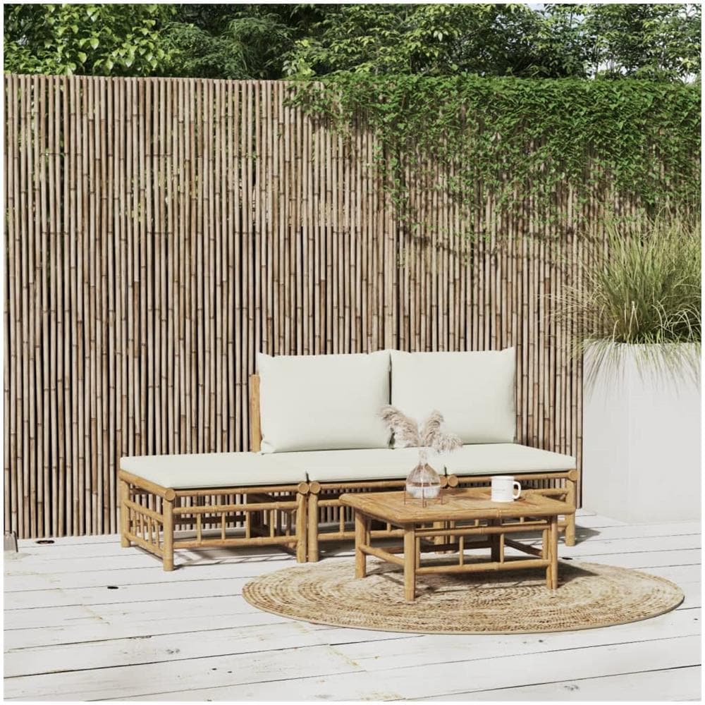 Set Salotto Da Giardino 4pz Con Cuscini Bianco Crema In Bambù - Foto 1