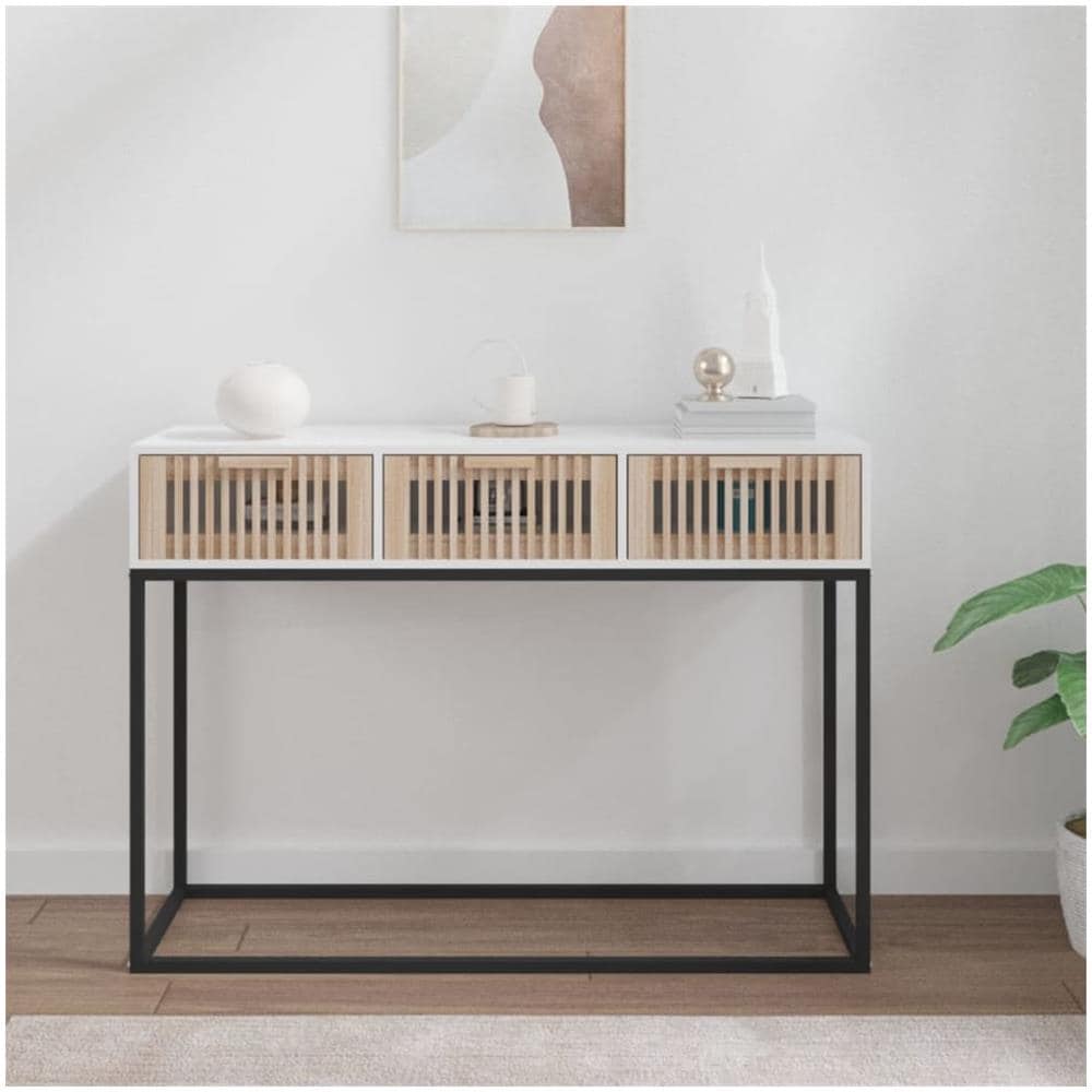 Tavolino Consolle Bianco 105x30x75 Cm Legno Multistrato E Ferro - Foto 1