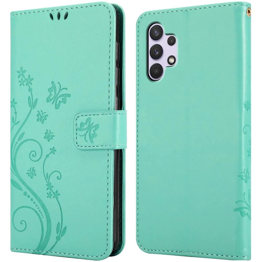 Custodia Compatibile Con Samsung Galaxy A32 4g In Turchese Fiore - Coperchio Protettivo In Design Floreale Con Chiusura Magnetica, Funzione Stand E Slot Per Carte - Foto 8