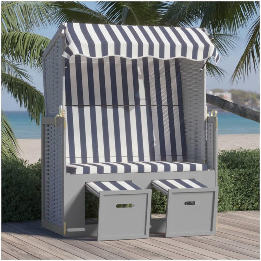 Strandkorb con Tettoia Polyrattan e Legno Massello Blu e Bianco - Foto 1