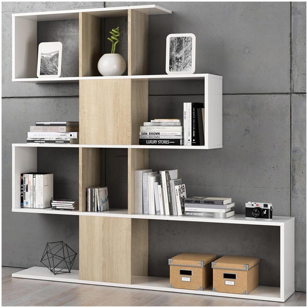 Libreria Design Moderna Scaffale 4 Ripiani 145x29x145 Casa Ufficio Bianco Rovere - Foto 1