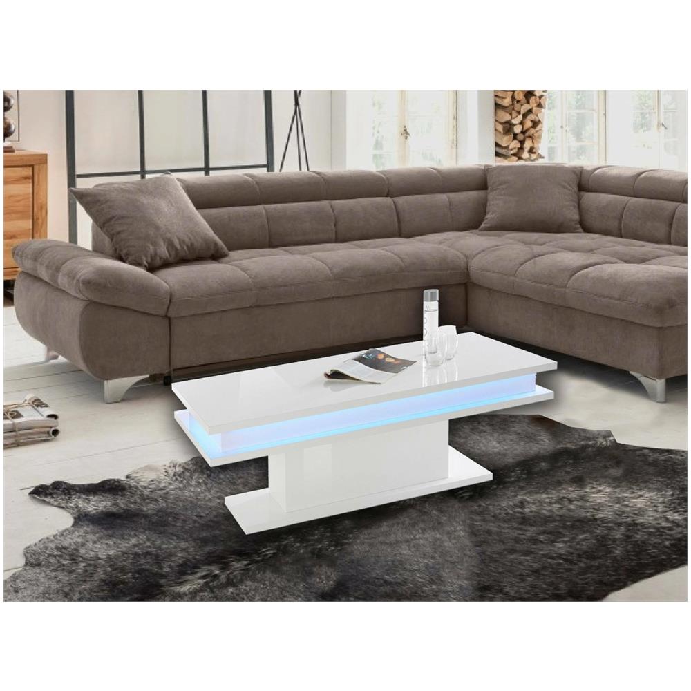 Tavolino Da Salotto Leon, Tavolo Basso Da Caffè, Mobiletto Portariviste, 100% Made In Italy, Cm 100x55h42, Bianco Lucido Con Luce Led - Foto 1