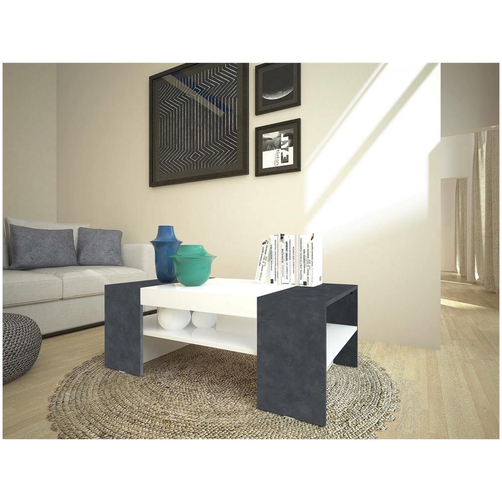 Tavolino Da Salotto Jonni, Tavolo Basso Da Caffè, Mobiletto Portariviste, 100% Made In Italy, Cm 110x60h40, Bianco Lucido E Ardesia - Foto 1