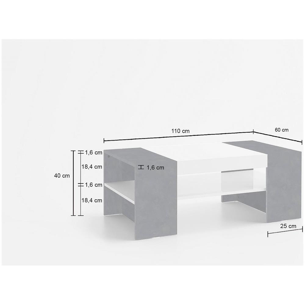 Tavolino Da Salotto Jonni, Tavolo Basso Da Caffè, Mobiletto Portariviste, 100% Made In Italy, Cm 110x60h40, Bianco Lucido E Ardesia - Foto 3