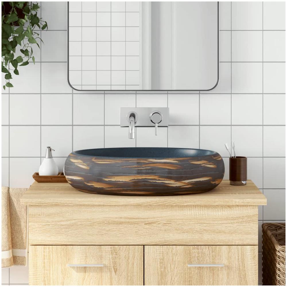 Lavabo Da Appoggio Marrone E Blu Ovale 59x40x15 Cm Ceramica - Foto 1