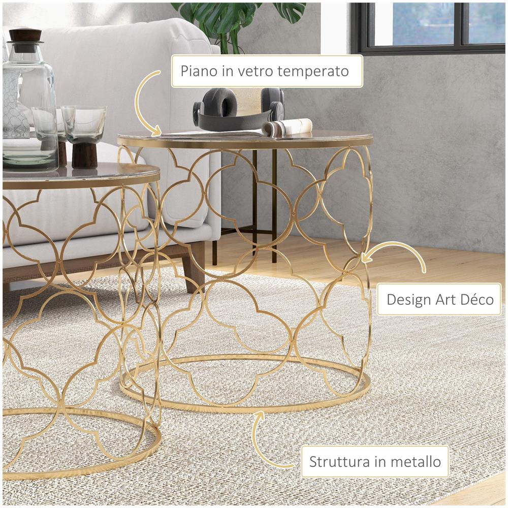 Set di 2 Tavolini da Salotto Impilabili Art Deco in Metallo con Piano in Vetro, Oro - Foto 6