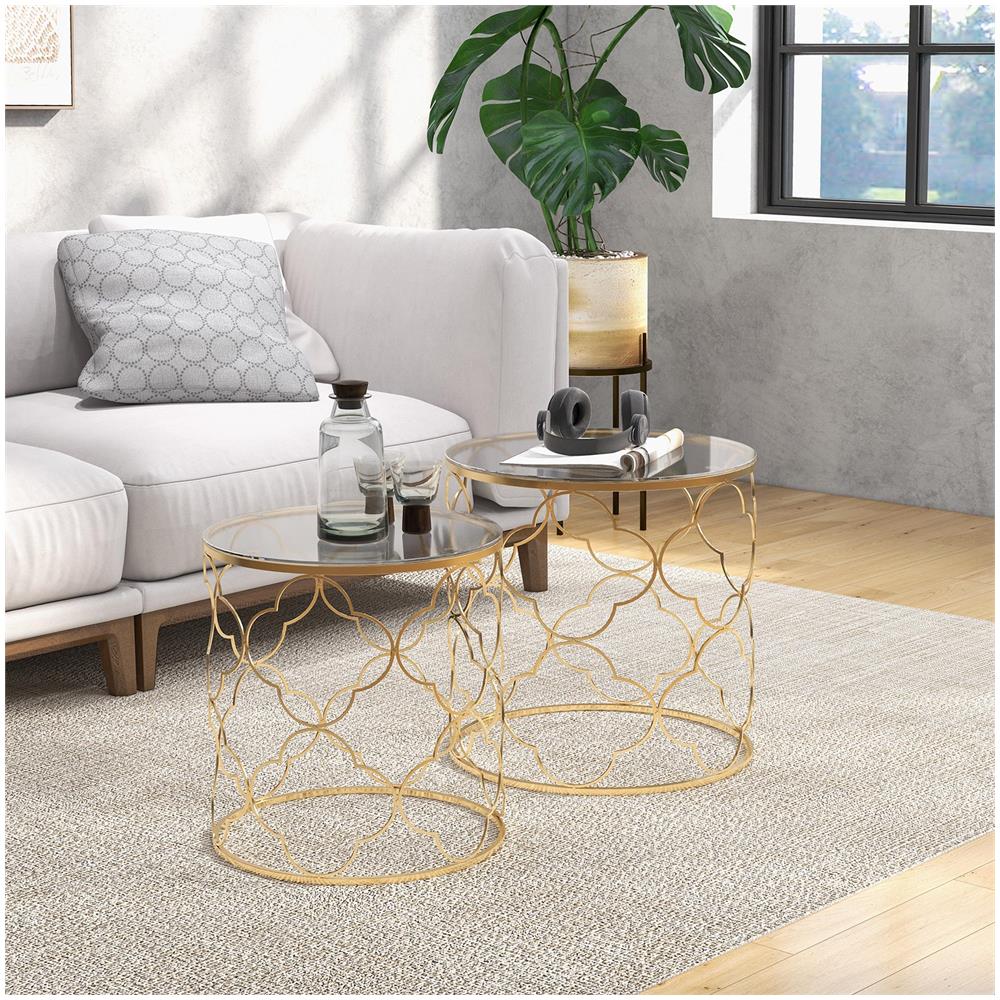 Set di 2 Tavolini da Salotto Impilabili Art Deco in Metallo con Piano in Vetro, Oro - Foto 2