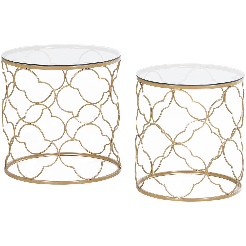 Set di 2 Tavolini da Salotto Impilabili Art Deco in Metallo con Piano in Vetro, Oro - Foto 1