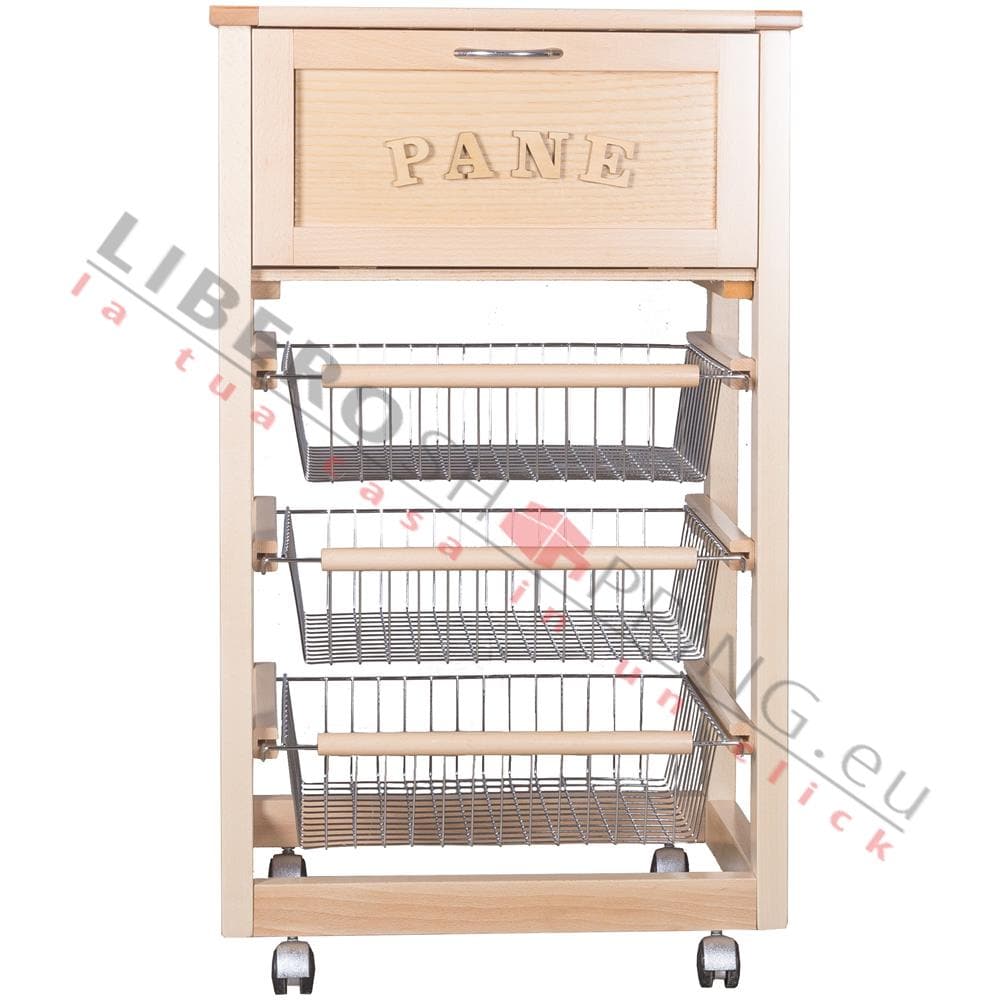 Carrello Portafrutta In Legno - Con Cassetto E 4 Cestelli, Ruote, Design Salvaspazio, Naturale - Foto 10