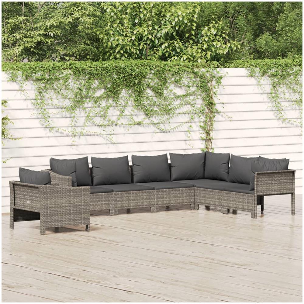 Set Divani da Giardino 7 pz con Cuscini in Polyrattan Grigio - Foto 1