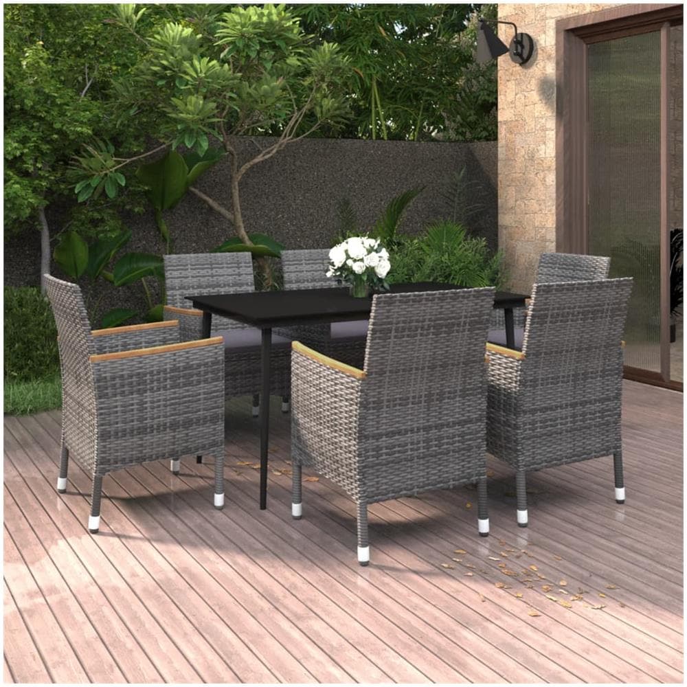 Set Da Pranzo Per Giardino 7 Pz Con Cuscini Polyrattan E Vetro - Foto 1