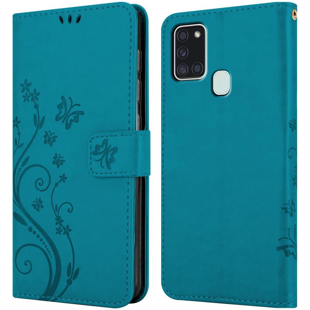 Custodia Compatibile Con Samsung Galaxy A21s In Blu Fiore - Coperchio Protettivo In Design Floreale Con Chiusura Magnetica, Funzione Stand E Slot Per Carte - Foto 8
