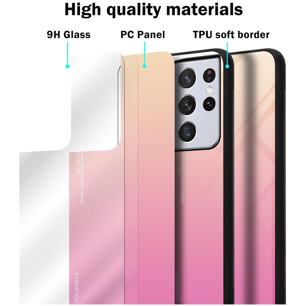 Custodia Compatibile Con Samsung Galaxy S21 Ultra In Giallo - Rosa - Coperchio Protettivo Bicolore In Vetro Temperato E Silicone Tpu - Foto 7