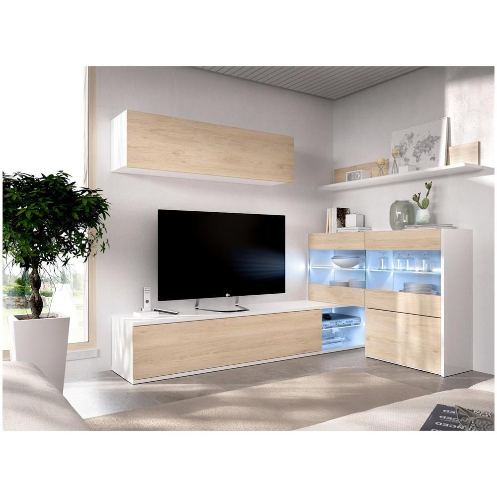 Parete Attrezzata Adams, Set Da Soggiorno Modulare Ad Angolo, Mobile Salotto Multiposizione Con Luce Led, 260x41h180 Cm, Rovere E Bianco - Foto 1