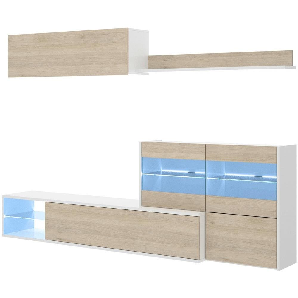 Parete Attrezzata Adams, Set Da Soggiorno Modulare Ad Angolo, Mobile Salotto Multiposizione Con Luce Led, 260x41h180 Cm, Rovere E Bianco - Foto 2