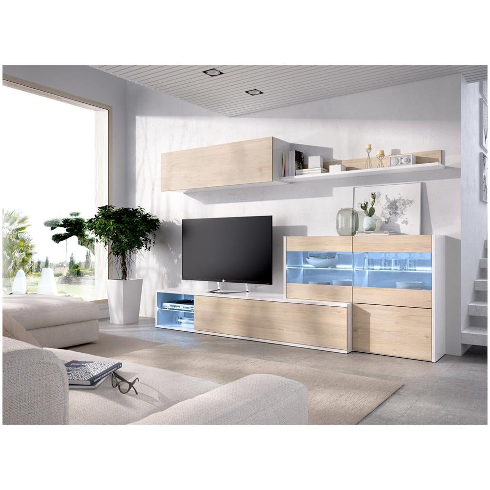 Parete Attrezzata Adams, Set Da Soggiorno Modulare Ad Angolo, Mobile Salotto Multiposizione Con Luce Led, 260x41h180 Cm, Rovere E Bianco - Foto 4
