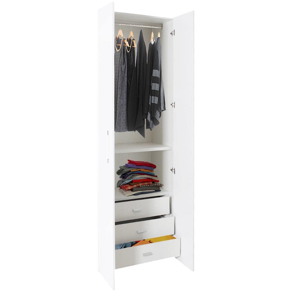 Armadio 2 Ante Battenti, Bianco Frassinato, Cm 91x247x58, Con Tubo Appendiabiti - Foto 1