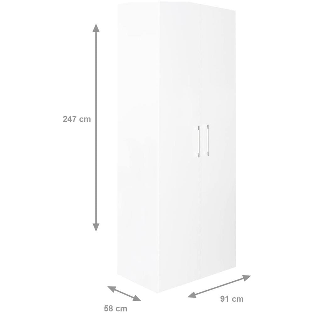 Armadio 2 Ante Battenti, Bianco Frassinato, Cm 91x247x58, Con Tubo Appendiabiti - Foto 2