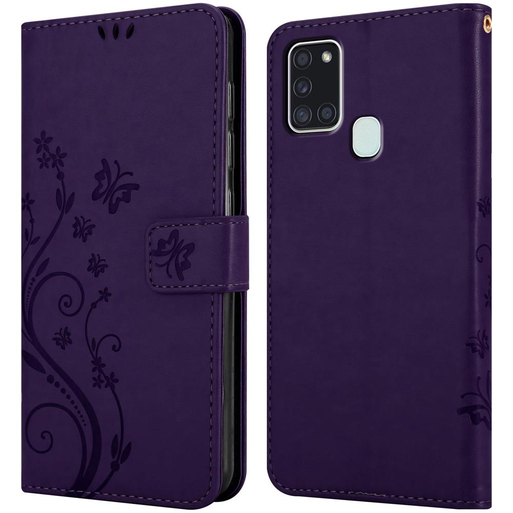 Custodia Compatibile Con Samsung Galaxy A21s In Lilla Scuro Fiore - Coperchio Protettivo In Design Floreale Con Chiusura Magnetica, Funzione Stand E Slot Per Carte - Foto 8