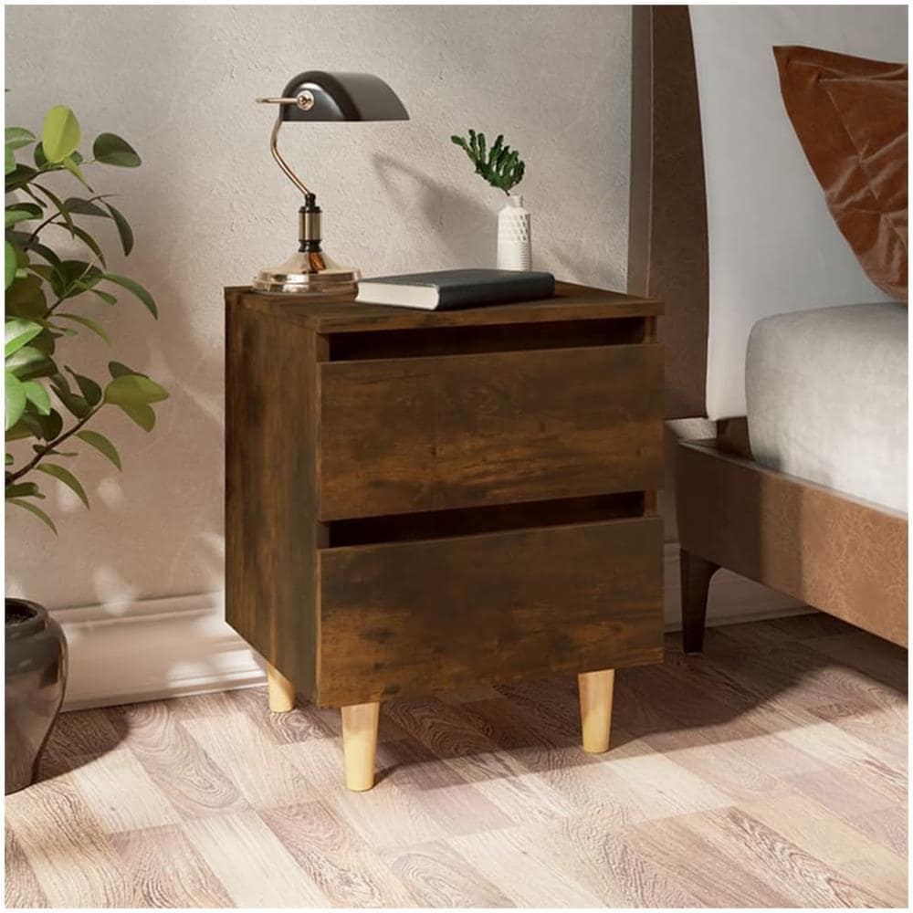 Comodini con Gambe in Legno Massello 2pz Rovere Fumo 40x30x50cm - Foto 1