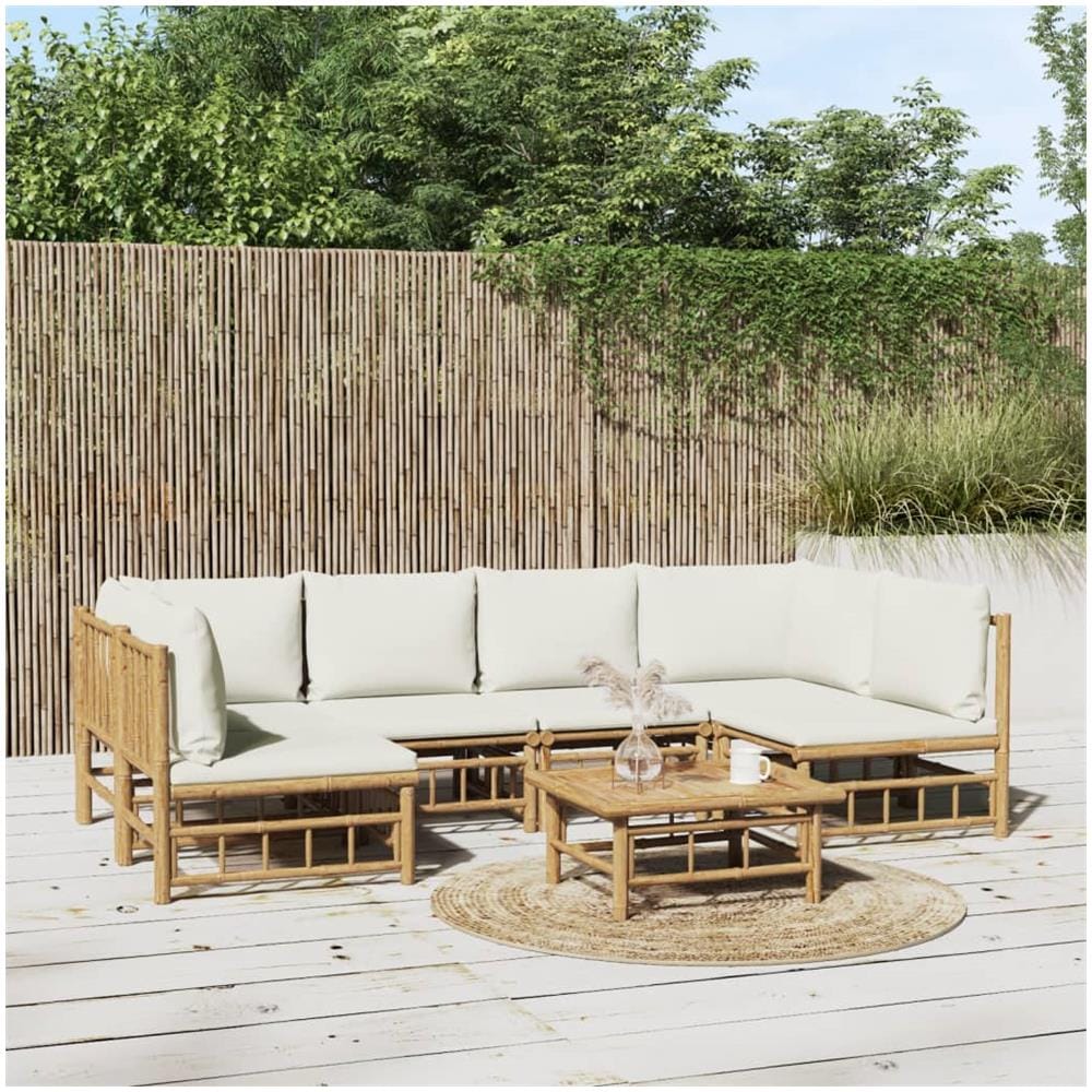 Set Salotto Da Giardino 7pz Con Cuscini Bianco Crema In Bambù - Foto 1