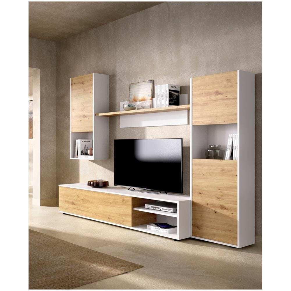 Parete Attrezzata Foraker, Set Da Soggiorno Porta Tv, Mobile Salotto Multiuso, 220x41h180 Cm, Rovere Nodi E Bianco - Foto 1
