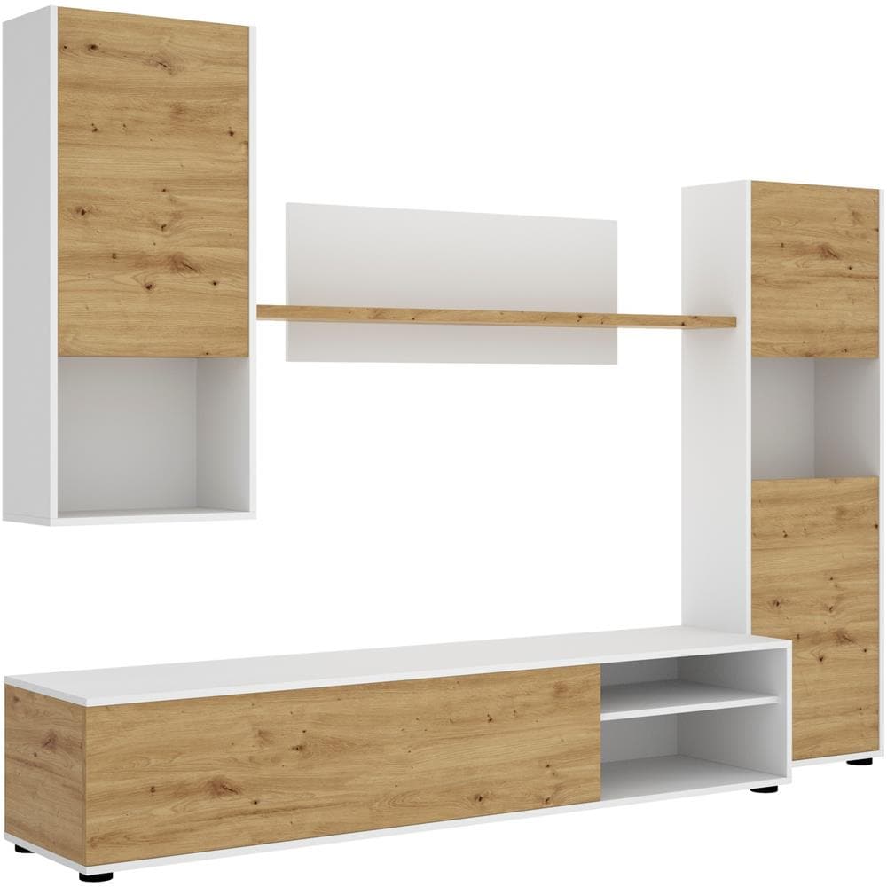 Parete Attrezzata Foraker, Set Da Soggiorno Porta Tv, Mobile Salotto Multiuso, 220x41h180 Cm, Rovere Nodi E Bianco - Foto 2