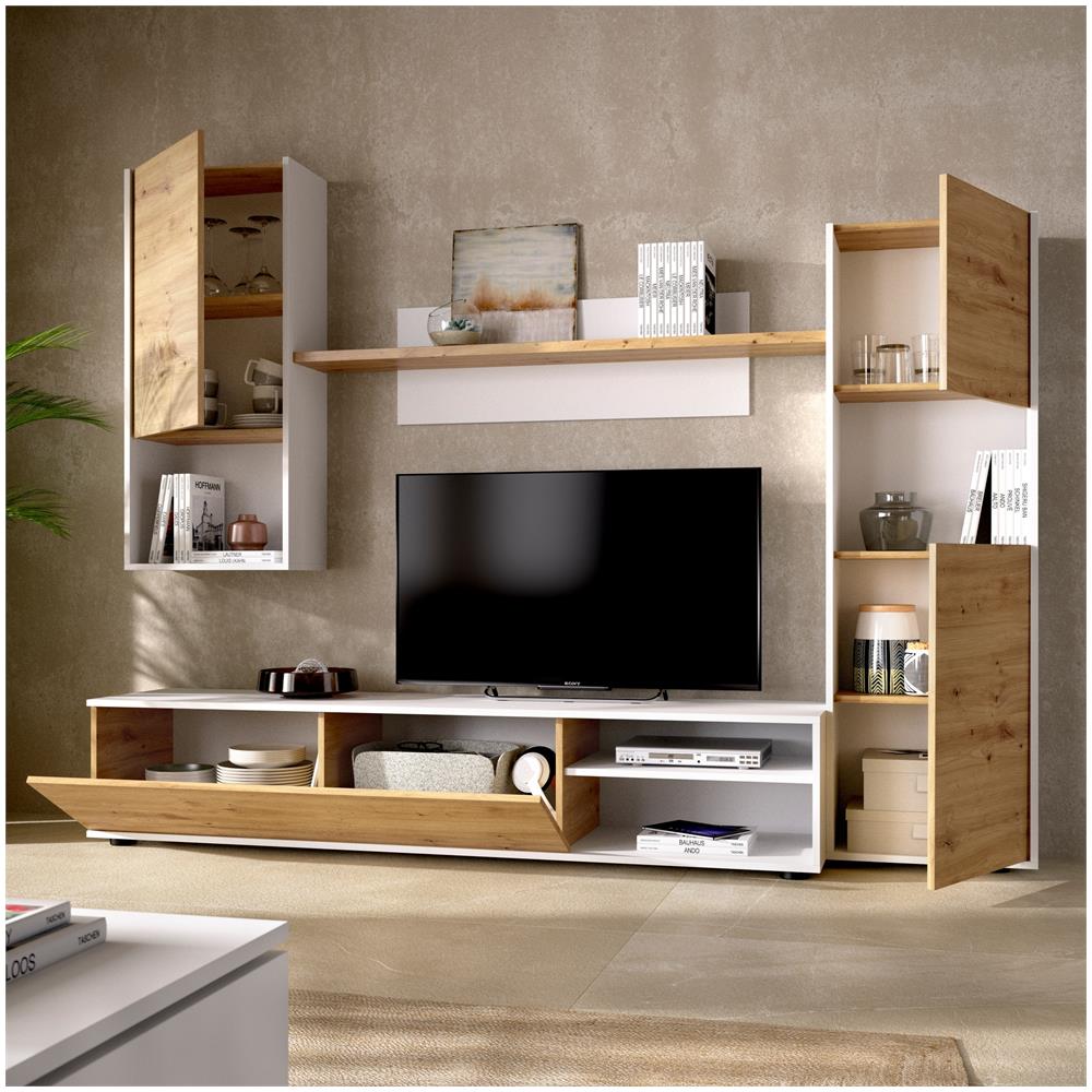 Parete Attrezzata Foraker, Set Da Soggiorno Porta Tv, Mobile Salotto Multiuso, 220x41h180 Cm, Rovere Nodi E Bianco - Foto 4