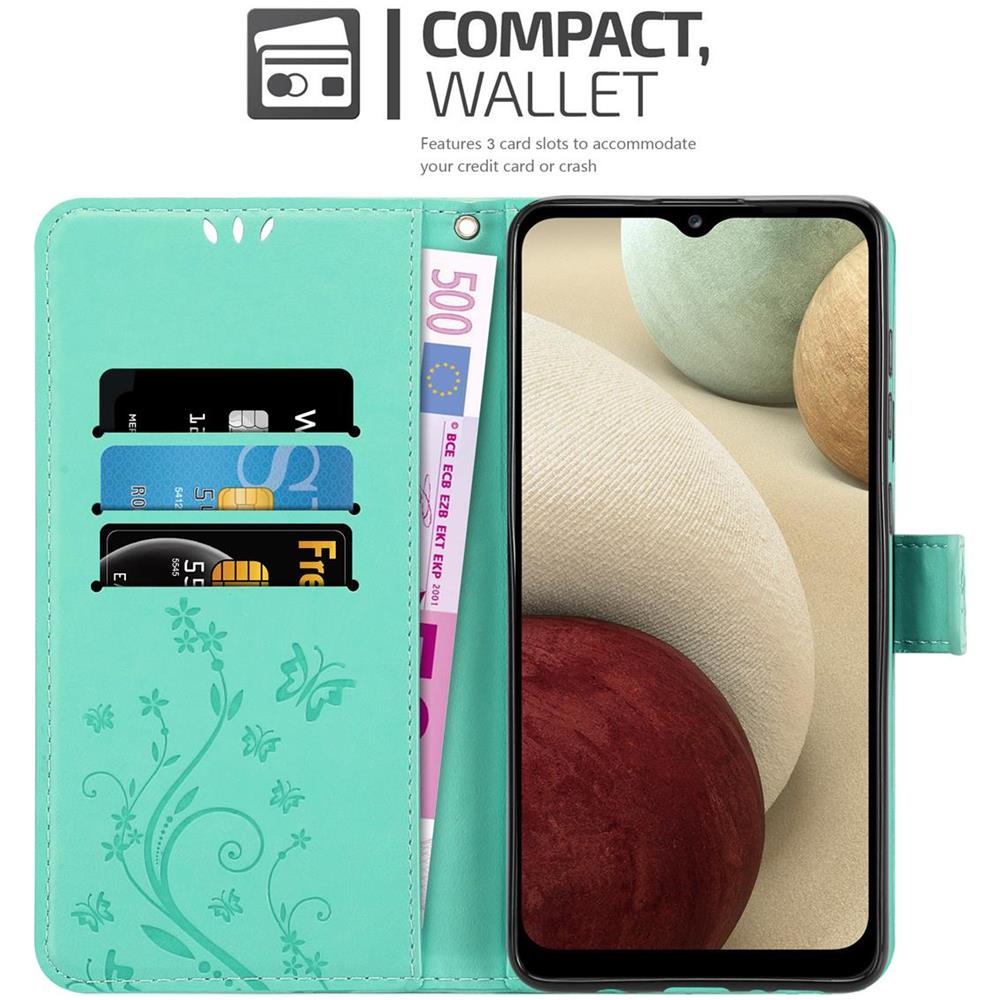 Custodia Compatibile Con Samsung Galaxy A12 / M12 In Turchese Fiore - Coperchio Protettivo In Design Floreale Con Chiusura Magnetica, Funzione Stand E Slot Per Carte - Foto 2