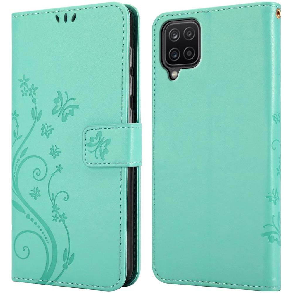 Custodia Compatibile Con Samsung Galaxy A12 / M12 In Turchese Fiore - Coperchio Protettivo In Design Floreale Con Chiusura Magnetica, Funzione Stand E Slot Per Carte - Foto 8