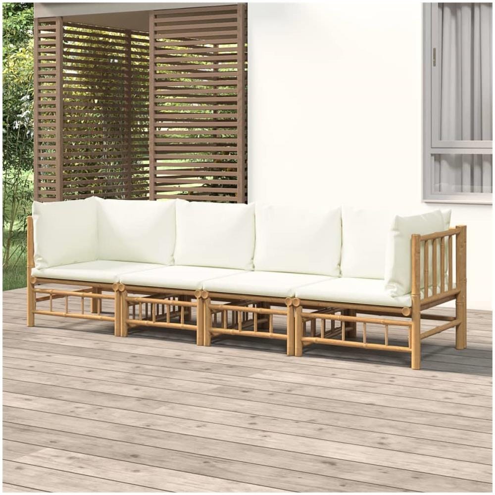 Set Salotto Da Giardino 4pz Con Cuscini Bianco Crema In Bambù - Foto 1