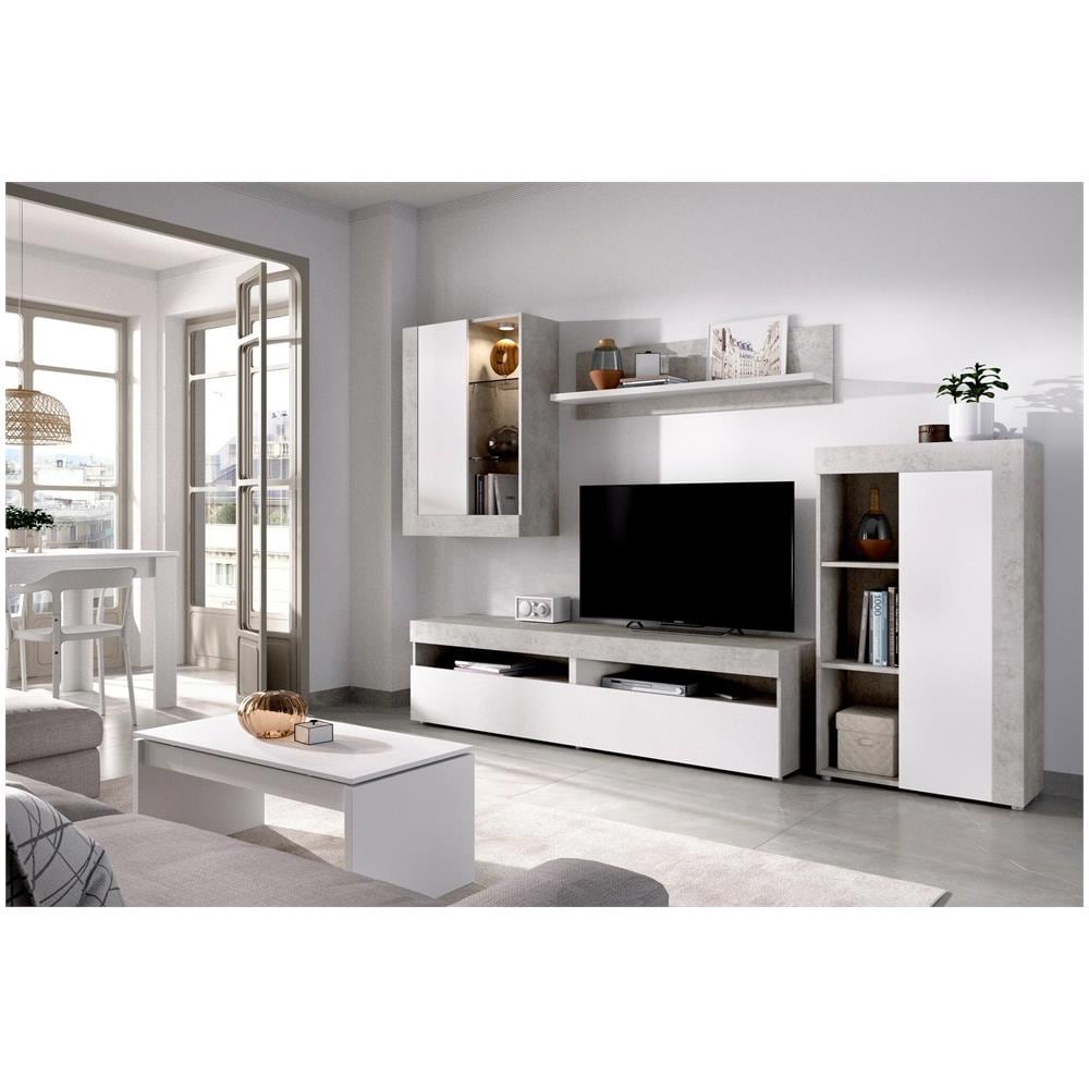 Parete Attrezzata Beverin, Set Da Soggiorno Componibile, Mobile Salotto Multiposizione, 265x42h180 Cm, Bianco E Cemento - Foto 1