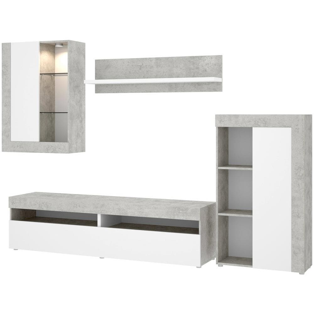 Parete Attrezzata Beverin, Set Da Soggiorno Componibile, Mobile Salotto Multiposizione, 265x42h180 Cm, Bianco E Cemento - Foto 2