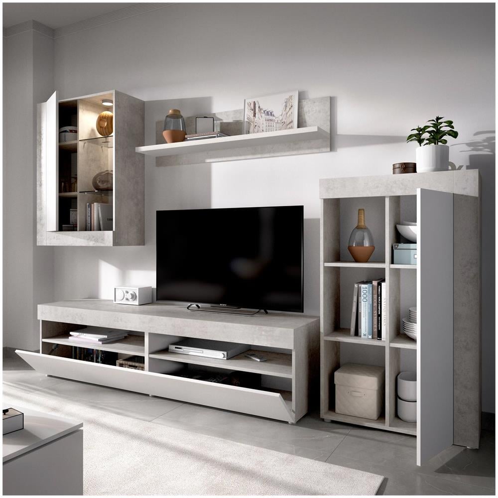Parete Attrezzata Beverin, Set Da Soggiorno Componibile, Mobile Salotto Multiposizione, 265x42h180 Cm, Bianco E Cemento - Foto 4