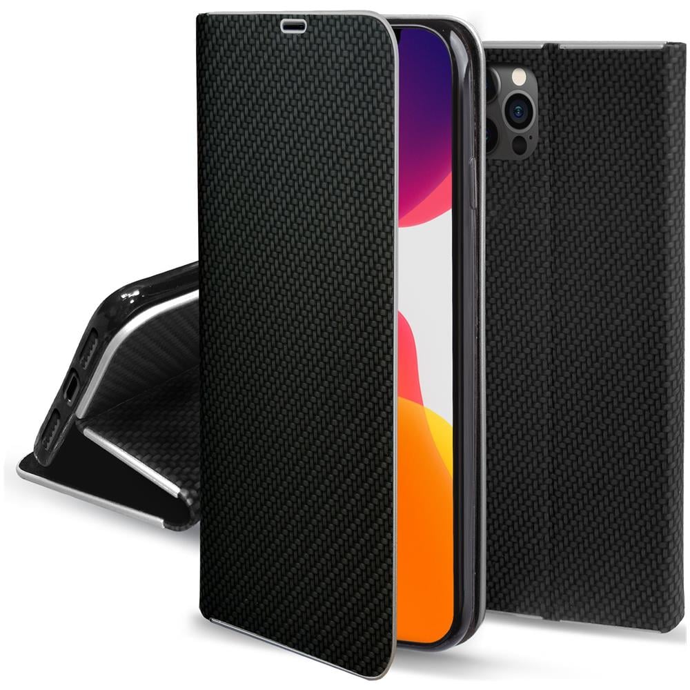 Custodia A Libro Per Iphone 12, Iphone 12 Pro, Carbonio Nera - Protezione Dei Bordi Metallici Flip Cover Portafoglio Con Appoggio E Porta Carte - Foto 1