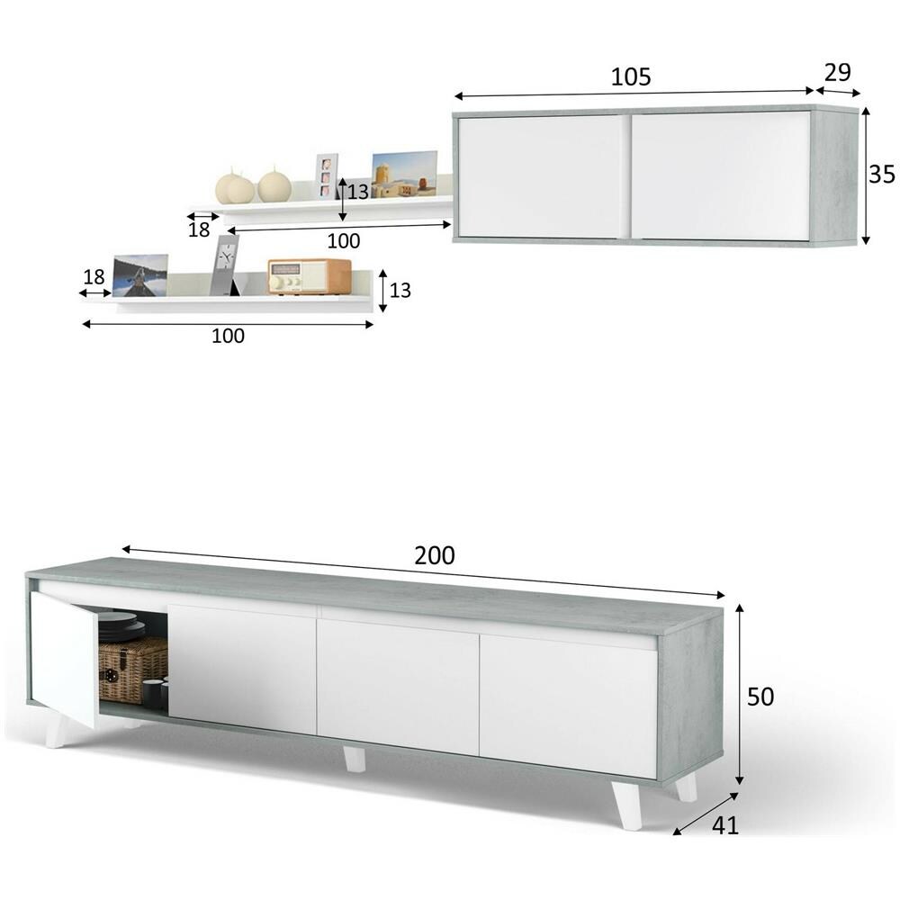 Parete Attrezzata Vergennes, Set Da Soggiorno, Mobile Salotto Multiuso, Parete Attrezzata Moderna, 200x41h50 Cm, Cemento E Bianco Lucido - Foto 2