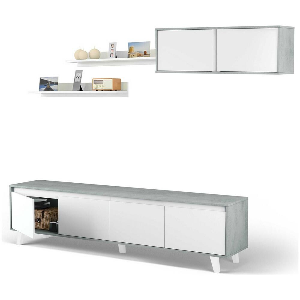 Parete Attrezzata Vergennes, Set Da Soggiorno, Mobile Salotto Multiuso, Parete Attrezzata Moderna, 200x41h50 Cm, Cemento E Bianco Lucido - Foto 3