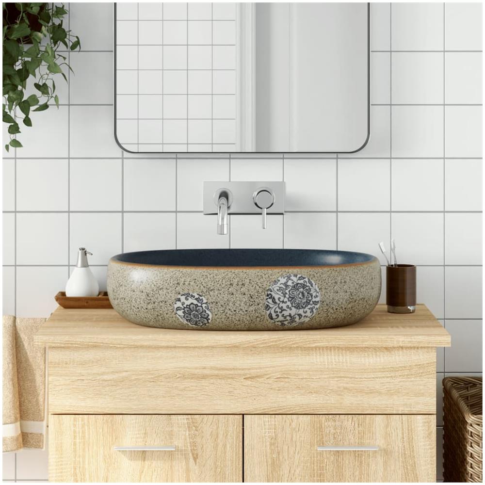 Lavabo Da Appoggio Sabbia E Blu Ovale 59x40x14 Cm Ceramica - Foto 1