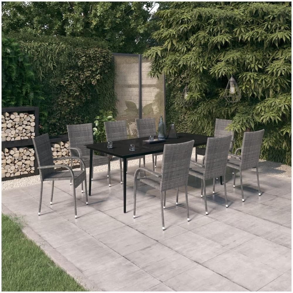 Set Da Pranzo Per Giardino 9 Pz Con Cuscini Grigio E Nero - Foto 1