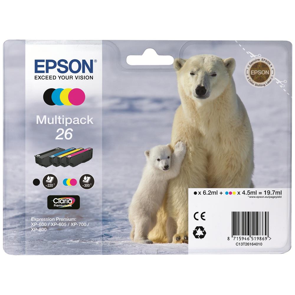 C13T26164010 Cartuccia Ink Originale Multipack 4 Colori Premium XP-610 Capacità Nera 220 / Colori 300 Pagine Confezione 4 pezzi - Foto 2