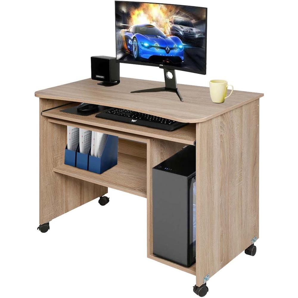 Scrivania Tavolo Con Porta Tastiera Coputer E Ripiano In Legno Con Ruote Quercia - Foto 1