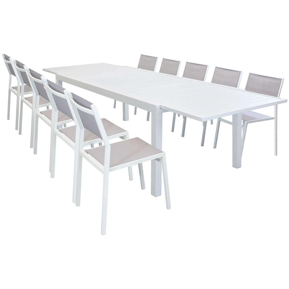 Set Tavolo Giardino Rettangolare Allungabile 200/300 X 100 Con 10 Sedie In Alluminio Bianco E Textilene Da Esterno - Foto 1