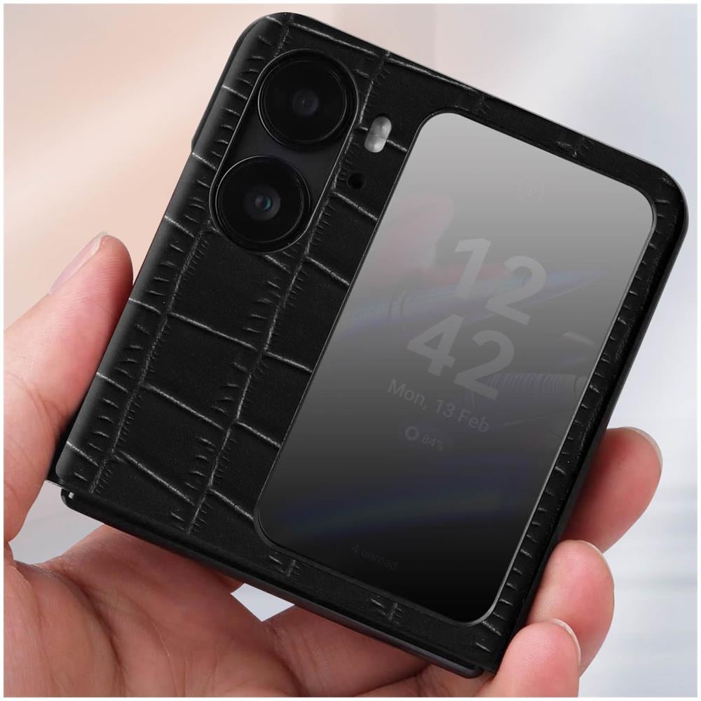 Cover In Pelle Per Oppo Find N2 Flip Effetto Coccodrillo Bordi Rialzati Nera - Foto 2