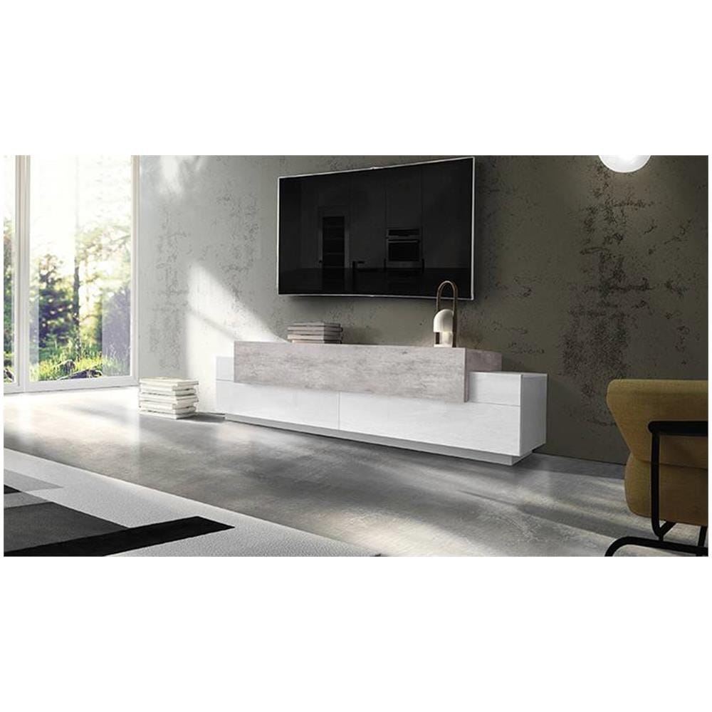 Mobile Porta Tv Teo, Credenza Bassa Da Soggiorno, Base Porta Tv, 100% Made In Italy, Cm 200x45h52, Bianco Lucido E Cemento - Foto 1